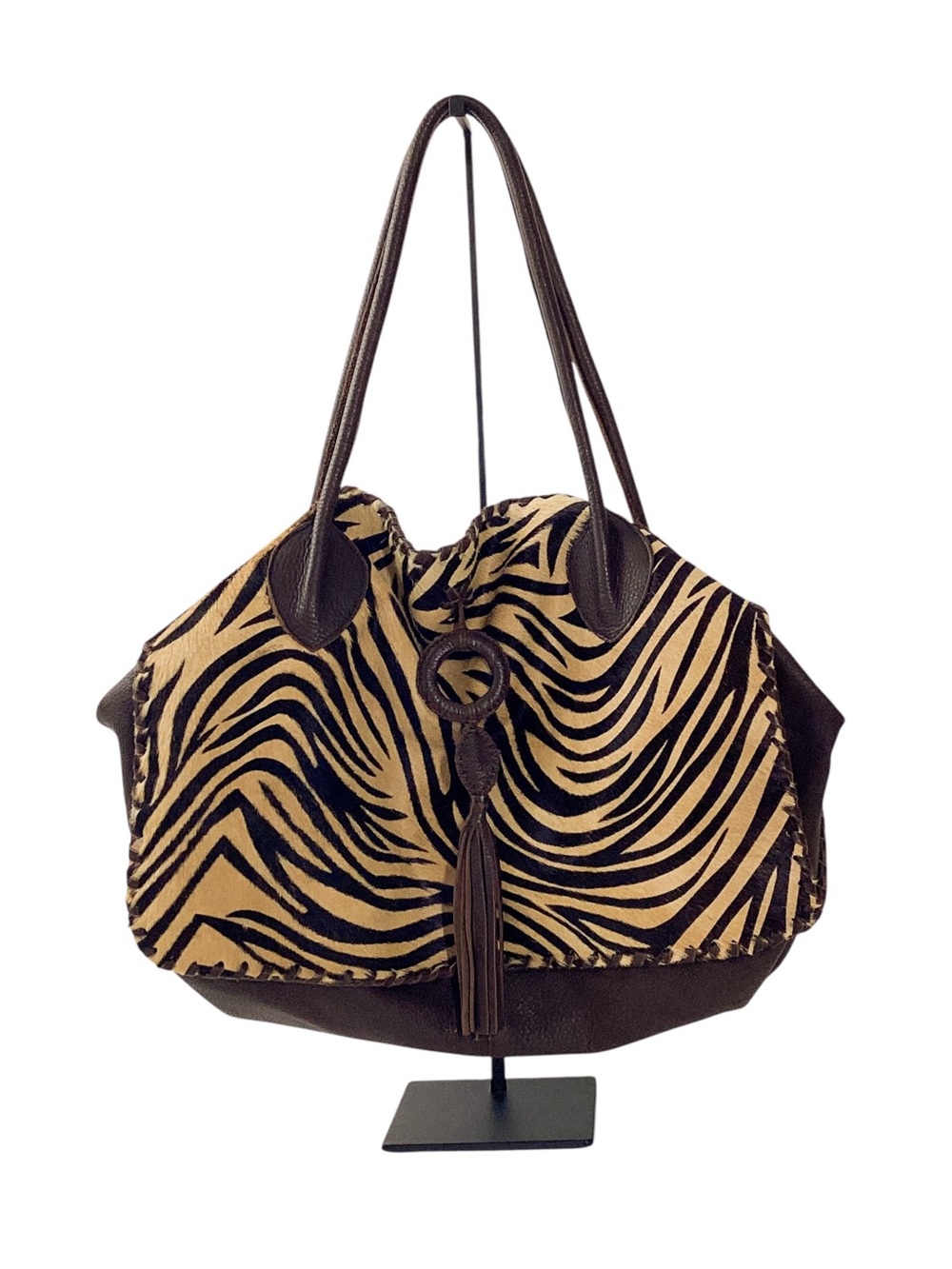 Carla Mancini Calf Hair Zebra Print Leather Hobo Shoulder Bag Tassel